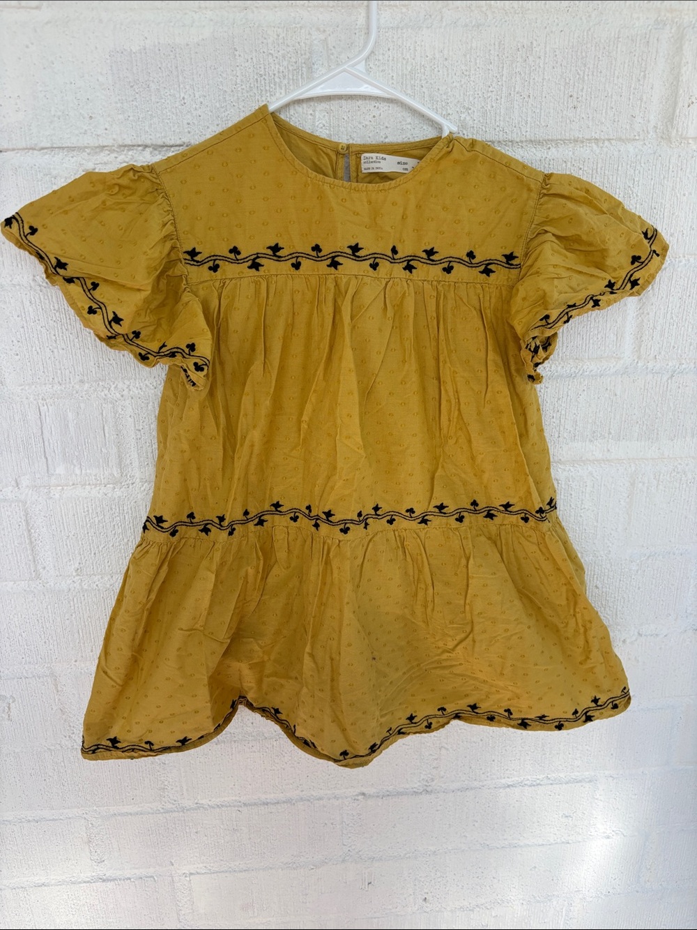 Zara Embroidered Mustard Yellow Flutter Sleeve Tunic Top sz 7